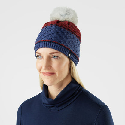 Cable Knit Colorblock Pom Beanie